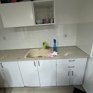 מטבח עם ארונות, כיור וחומרי ניקוי על השיש