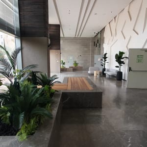 צמחים ירוקים ליד חלון גדול בלובי מודרני