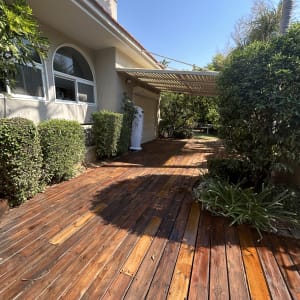 דק עץ בגינה עם צמחייה מסביב ופרגולה מעל