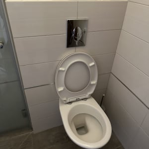 אסלה עם לחצן הדחה על קיר אריחים