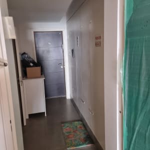 מסדרון עם דלת, שטיח ומטלית, קיר מכוסה בניילון ירוק.