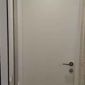 דלת לבנה עם ידית מתכת בחדר מואר