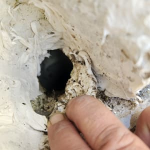 יד בודקת חור בקיר עם חומר איטום לבן