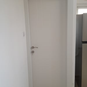 דלת לבנה עם ידית מתכת בחדר פנימי