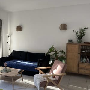 סלון עם ספה, כורסה, שולחן קפה וצמחייה