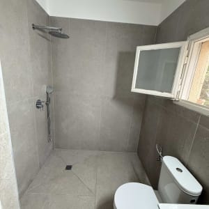 חדר אמבטיה עם מקלחת ושירותים חדשים