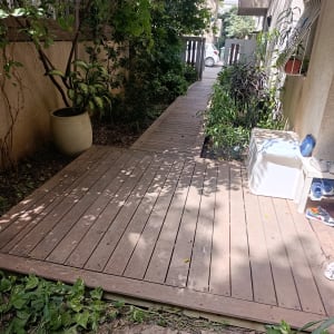 שביל עץ בגינה עם צמחייה מסביב
