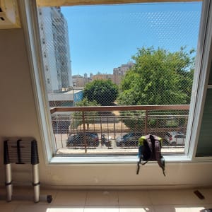 רשת יונים מותקנת על חלון פתוח עם סולם מתקפל