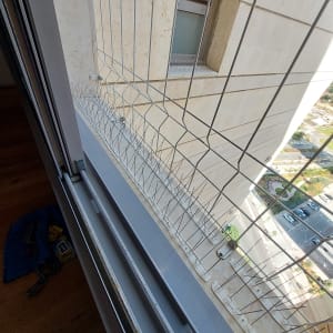 רשת מתכת ומחטי דוקרנים למניעת יונים על אדן חלון