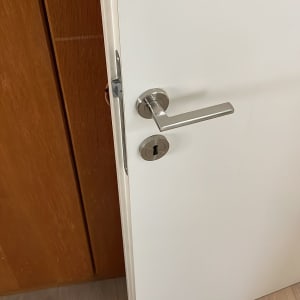 דלת לבנה עם ידית מתכת על רצפת עץ