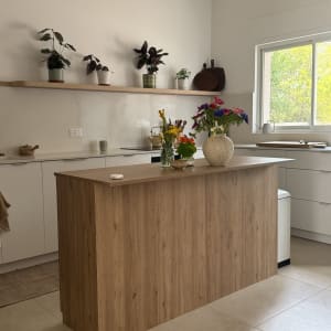 מטבח מודרני עם אי עץ וצמחים