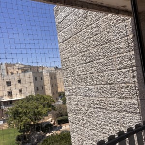רשת יונים מותקנת על מרפסת עם נוף לבניינים