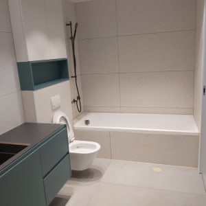 חדר אמבטיה עם אמבטיה, שירותים וארון