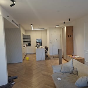 סלון מודרני עם מטבח פתוח ורצפת עץ