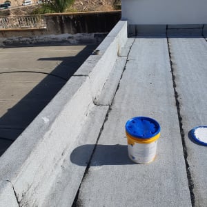 גג עם חומרי איטום ודלי צבע כחול