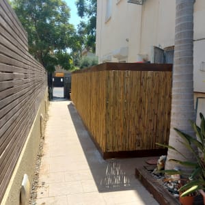 גדר עץ ובמבוק לצד שביל מרוצף עם צמחים