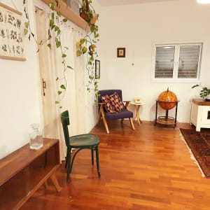 חדר עם כיסא ירוק, מדף עץ, עציץ תלוי