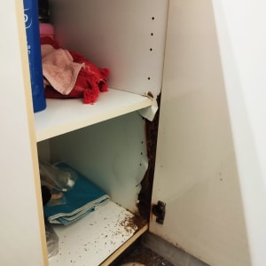 ארון עץ עם נזק בפינה ותכולה פנימית