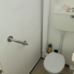 שירותים עם ידית אחיזה, מיכל הדחה ובקבוק חומר ניקוי