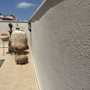 קיר חיצוני עם עציצים ודמויות דקורטיביות