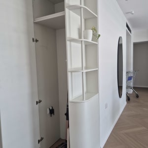 ארון פתוח עם מדפים ועציץ קטן
