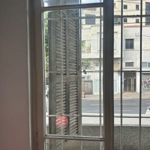 חלון זכוכית בדירה המציג זגוגיות חלון וסורגים במבט לרחוב