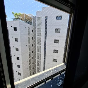 רשת יונים מותקנת על חלון בניין גבוה