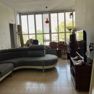 ספה אפורה גדולה בסלון מואר