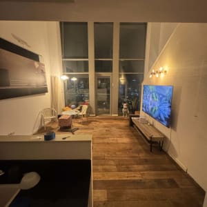 רצפת פרקט בחדר מגורים עם טלוויזיה וריהוט מודרני