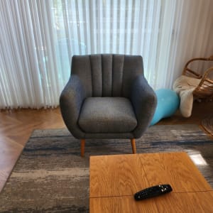 כורסה אפורה על שטיח עם שולחן עץ ושלט רחוק