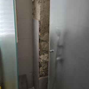 חדר מקלחת עם קיר פגום ואריחים שבורים