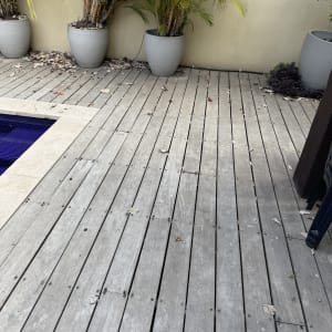 דק עץ עם עציצים ליד קיר בגינה