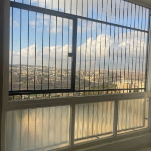 חלון עם סורגים ונוף עירוני ברקע