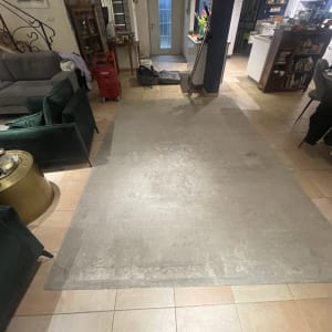 מכונת ניקוי שטיחים אדומה על גלגלים בחדר מגורים