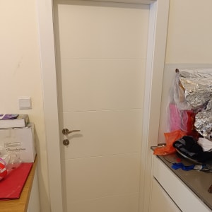 דלת לבנה עם ידית מתכת כסופה