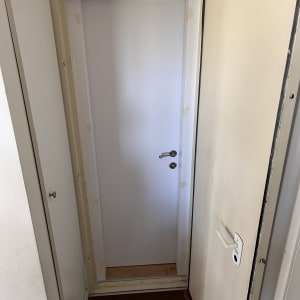 דלת לבנה עם ידית מתכת כסופה