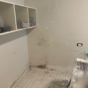 קיר עם קילופי צבע ועובש, מדף עם חפצים