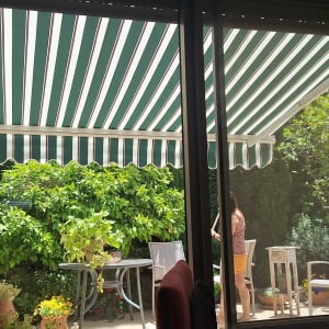 סוכך פסים ירוק ולבן בחצר עם צמחייה