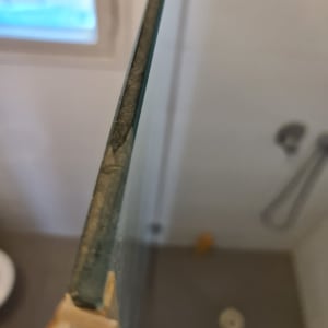 זכוכית מקלחון עם ידית עץ ומקלחת ברקע