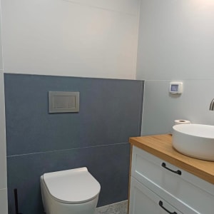 שירותים משופצים עם כיור עגול וארון עץ