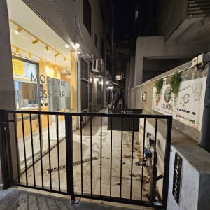 שער מתכת שחור בכניסה לסמטה חשוכה