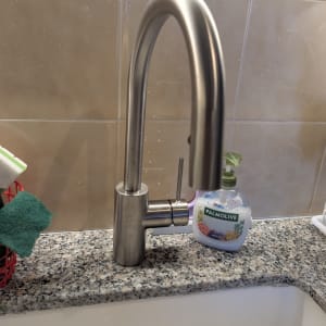 ברז נירוסטה מעל כיור עם סבון ידיים