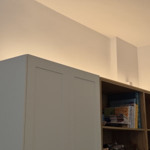 ארון עם תאורה עליונה וספרים על מדף