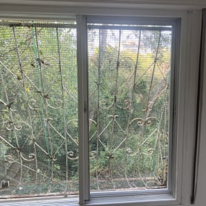 חלון אלומיניום עם סורגי ברזל ונוף ירוק בחוץ