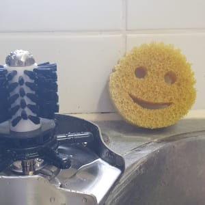 מברשת ניקוי וספוגים ליד כיור