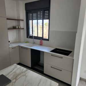 בקבוק סבון כלים ליד כיור במטבח מודרני