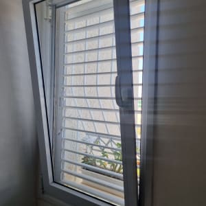 חלון עם תריסים פתוחים וצמח בעציץ בחוץ