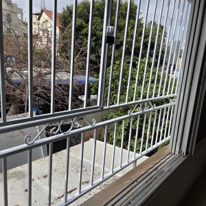 סורגי מתכת על חלון עם נוף חיצוני