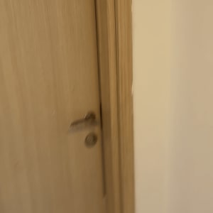 דלת פנים בציפוי דמוי עץ עם משקוף תואם וידית כסופה