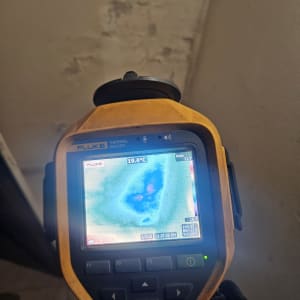 מד חום תרמי מציג תמונה של קיר עם נזילה אפשרית.